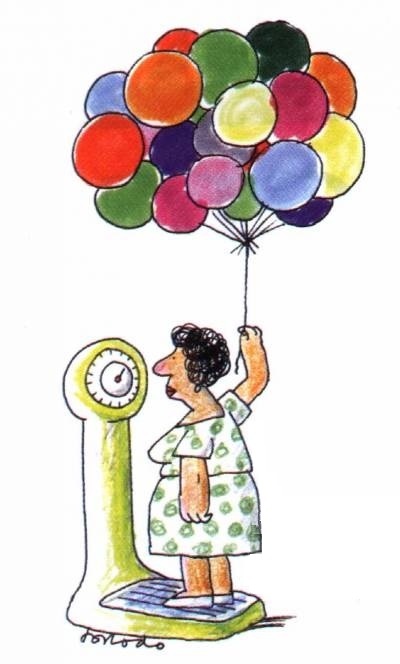 Woman weighing herself while holding ballons